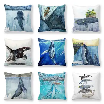 Akvarel Kita zapnite Poliester Ocean Modro Morje, Ribe, Okrasne Pillowcases 45x45 za Kavč Kavč Dnevna Soba Dekor