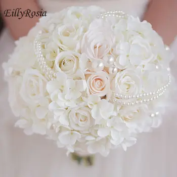 Elegantne Smetane Beli Poročni Šopek Poročno Cvetje Biseri Krog Preprosto Lepa Ponaredek Cvetje za Družico Poročni Dodatki