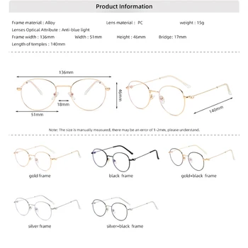 Anti Modra Svetloba Blokiranje Očala Moških Računalnik Eye Glasses Ženske Očala Okvirji Letnik Kovinski Krog Optični Oculos Lunette