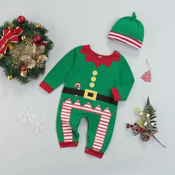 2Pcs Baby Božič igralne obleke Obleko Santa Claus Dolge Rokave Snaps Jumpsuit Klobuk Baby Elf Novo Leto Kostum, Obleke 0-12 Mesecev