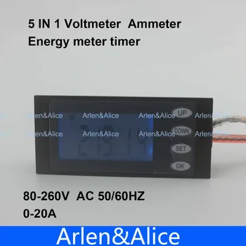 LCD 5IN1 zaslon 20A Napetost trenutno aktivna power energy meter modra osvetlitev plošče voltmeter ampermeter kwh 80-260V 50/60HZ