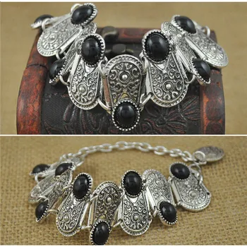 MISANANRYNE Bohemia Slog tibera srebrne Barve vklesan črni kamen kroglice verige zapestnice kovanec za charms zapestnico turški nakit