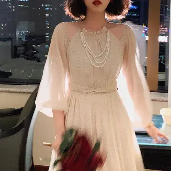 Jeseni 2021 Francija Midi Retro Obleke, Ženske Dot Tiskanja Korejski Chic Vintage Obleke Pozimi Dolg Rokav Eleganten Večer Stranka Obleko