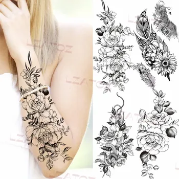Realno Vrtnice Začasne Tetovaže Za Ženske Odraslih Pernata Kača Peony Ponaredek Tattoo Nalepke Seksi Body Art Okras Tatoos Papirja
