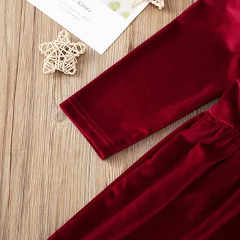 Malo Dekleta Božič Priložnostne Dolg Rokav Obleka Modna Barva Čipke Trim okoli Vratu A-line Božič Rdeče Žametno Obleko
