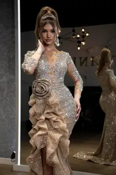Novi Dubaj Večerne Obleke morska deklica haljo de soiree abiye arabski 3D Rose Penine Prom Oblačenja Sequins Dolgo Ogrlicom Formalnih Obleke