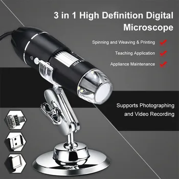 1000x 3 v 1, Povečava Mikroskopa Ročni Oko Endoskop z 8 LED Pregled Lupo Mini Fotoaparat s Kovinsko Stojalo
