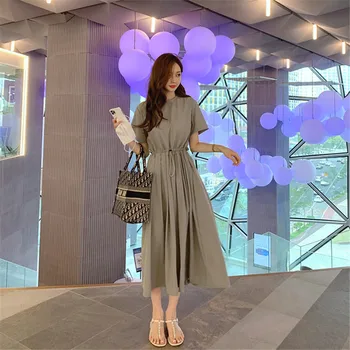 Korejska Različica Poletje Šifon High-end Temperament francoski Retro Pasu Slim Hujšanje Dolgo Krilo Plus Velikost Obleka Ženske
