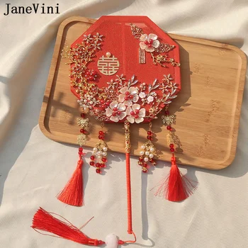 JaneVini Luksuzne Rdeče Biseri Beaded Poroko Fan Kitajski Slog Tassel Poročni Šopek Umetnih Rož Poroko Klasična Nevesta Fan