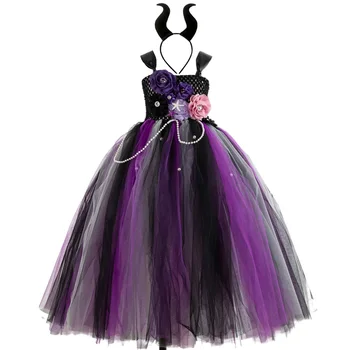 Maleficent Halloween Kostum Obleko Deluxe Dekleta Fancy Krst Black Glam Obleke Tutu Obleko Otroci Demon Kraljica Čarovnica Oblačila