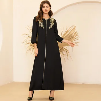 Novo Poletno Obleko, ženska Moda in Ženske Arabskem Slogu Proti-vrat Zlato Vezenje Par Cvetje Ohlapno Črno Dolg Rokav Stranka Maxi Obleke