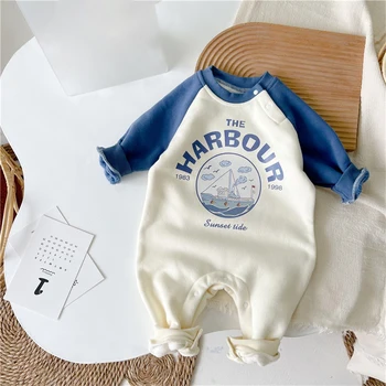 Nova Jesensko Risanka Jadranje Tiskanje Baby Boy Izlet Oblačila Romper Kontrast Barve Baby Girl Obleke Novorojenčka iz Enega kosa Romper