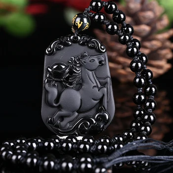 Naravni Črni Obsidian Kroglice Ogrlica Ročno Izrezljane Nebesno Konj Jade Obesek Čar Nakita za Moškega, Ženske Ugoden Amulet Darila