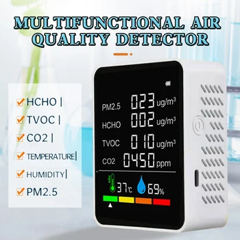 6 v 1 Večnamensko CO2 Digitalni Merilnik Temperature in Vlažnosti Tester Ogljikovega Dioksida TVOC HCHO PM2.5 Detektor Kakovosti Zraka Monitor