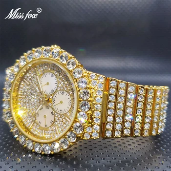 Reloj Hombre oro MISSFOX Luksuzni Veliki Kubanski Diamond Moške Ure Znanih blagovnih Znamk, Večnamensko Nepremočljiva Watch Dropshipping
