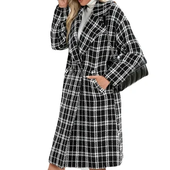 2021 tweed zimski plašč ženske Preprosto in Moderno Obleko Ovratnik Dvojno zapenjanje Dolge Volnene Plašče kariran Jarek ženska Oblačila