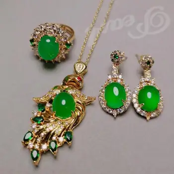 Ženske Pristnega Naravnega Green Jade Uhani, Obesek, Prstan Ogrlica Nakit Set Cabochon Pav Čare Chalcedony Amulet Darila
