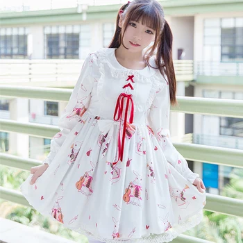 Japonski sweet lolita obleko letnik čipke bowknot peter pan ovratnik srčkan tiskanje povoj viktorijanski obleko kawaii dekle loli cosplay