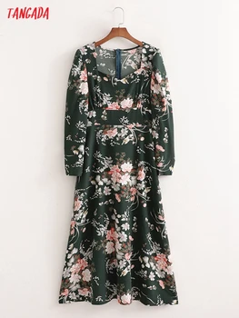 Tangada 2021 Moda za Ženske, Zelena Tiskanja Cvetovi Boho Dolgo Obleko Puff Dolg Rokav Kvadratnih Ovratnik Ženske Vintage Obleko 1D378