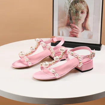 Poletje nov slog modnih ženskih čevljev, roza biseri strappy gleženj močen stanovanj sandali velike velikosti 43