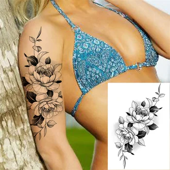 Rose Peony Začasne Tetovaže Za Ženske, Dekleta Črni Cvet Tattoo Nalepke Cvet Cvetni Ponaredek Enkratno Lepoto Velike Tattoo Stegno