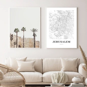 Jeruzalem Zemljevid Črno Belo Platno Plakat Stenskih Slikah, Izrael Mesto Ulici Cesti Sodoben Nordijski Dekoracijo Slikarstvo Doma Dekor