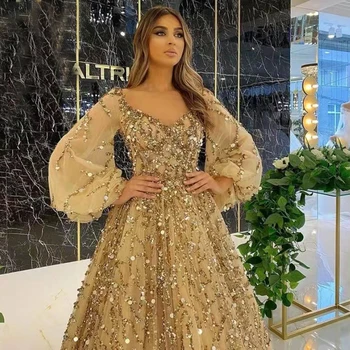 Luksuzni Zlate Bleščice Beading Prom Obleke Puff Rokavi-line Večerno Obleko Muslimanske Ženske Stranka Formalno Halje Dubaj Haljo De Soiree