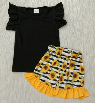 Modna Otroška deklica poletnih oblačil malčka, črna majica ruffle sončnic, hlače otroci, butik, teen, obleke za dekle