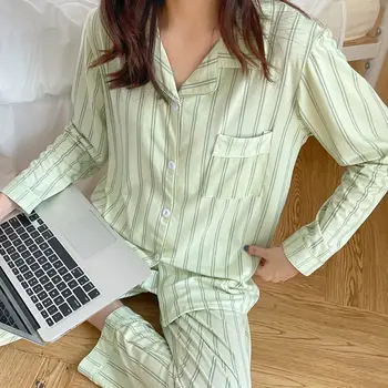 QWEEK Mikrovlaken Sleepwear Preppy Stil Hlačne Obleke Prugasta Jopico za Ženske z Dolgimi Rokavi Soba Obrabe korejskem Slogu Domov oblačila