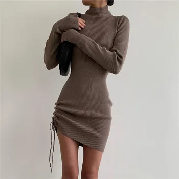 Ženske Turtleneck Strani Vrvico Seksi Obleko Z Dolgimi Rokavi Slim High Street Mini Obleka Nov Modni 2021 Jeseni, Pozimi Stranke Obleke