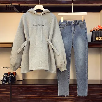 Plus 4XL Ženske Sweatershirt bo Ustrezala Trenirko Hoodie Vrh In Denim Jean Sopihanje Dva Kosa iz 2021 Pozimi High Street Oblačila Obleke