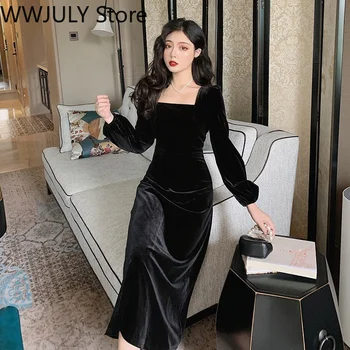 2021 Pozimi Letnik Žametno Obleko Ženske Z Dolgimi Rokavi Črne Midi Obleko Urad Dama Oblačila Stranka Enega Kosa Obleko Korejski Moda