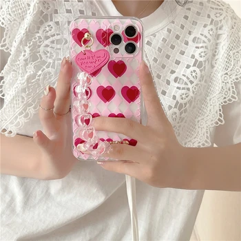 Roza Ljubezen Srce + Kristalov Zapestnica Nekaj Darilo Silikonsko Ohišje za Iphone 12 11 Max Pro Xs Xr 7 8plus 3D Srčkan Nosi Ušesa Mehko Pokrov