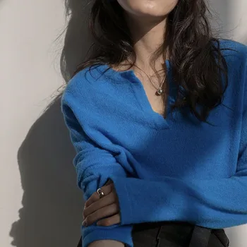 Moda Modre Ženske, Puloverji 2020 Jeseni Nova Barva V-neck Knitted Zgornji del Ženske Športna Jopica Rastlinske Pulover Ženske Oblačila