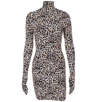 2021Print Bodycon Obleko Seksi Leopard Ženske Bombaž Dolg Rokav Z Rokavice Turtleneck Mini Obleka Nov Ženski Stranka Klub Obleke