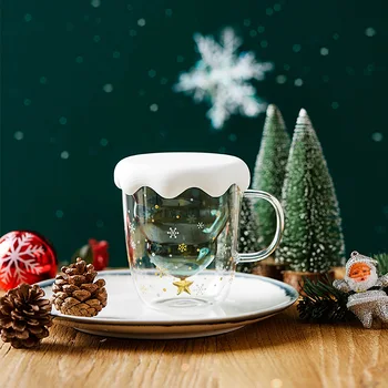 Božič Stekleni Pokal Vrč Toplotno odporni 300 ML Ustvarjalne Dvojno Višeslojno Stekleno Skodelico Kave Vrč s Pokrovom Srčkan za Božič Novo Leto
