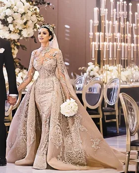 Luksuzni arabski Šampanjec morska deklica Poročne Obleke S Snemljivo Vlak Visoko Vratu 3D Čipke Dolge Rokave Poročne