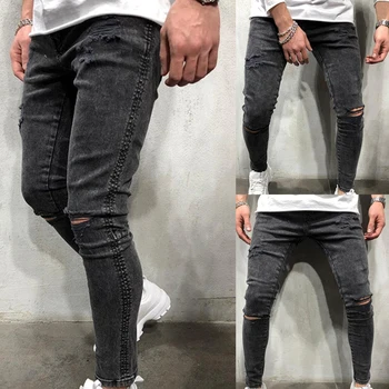 Moške Jeans Suh Barva Kolena Luknjo Pranje Traper Letnik Hip Hop Hlače Slim Uničeno Design Jeans, Moda, Moška Oblačila, Hlače