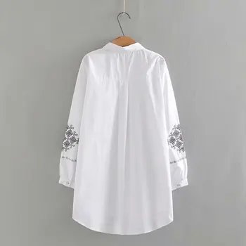 Prevelik majica zavoj navzdol ovratnik vezenje svoboden žensk bluze novo 2021 pomlad jesen beli Žensk dolg rokav vrh