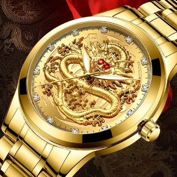 FNGEEN vrh luksuzni watch moških quartz uro moških zmaj vzorec svetlobna zlato barvo kremen iz nerjavečega jekla pasu relogio masculino