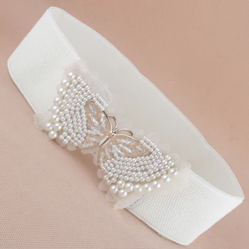 Brezplačna dostava za nove modne priljubljena pasovi čipke dekoracijo lok ženske zlato pearl metulj široko kristalno cummerbund pasu pasu ženski