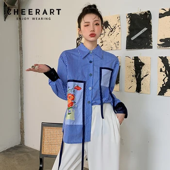 CHEERART Oblikovalec Modro Črtasto Traku Gumb Gor Majico Dolg Rokav Vrh Belovrati Majica korejski Bluzo Padec 2021 Ženska Moda
