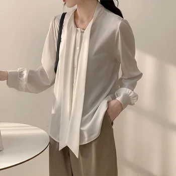 Deeptown Ženske Elegantne Bluze z Lokom Bela Šifon Majica Gumb Gor Dolg Rokav Vrh Urad Ženske 2021 korejski Modni Stil
