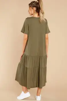 Pomlad Poletje Priložnostne Svoboden Midi Obleko 2021 Ženske Barva Moda Ruffles Design O-Vratu Kratek Rokav Počitnice Vestidos Ženski