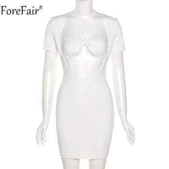 Forefair 2021 Poletje Seksi Bodycon Obleko Votlih Iz Povodcem Vratu Kratek Rokav Povoj Bele Žene Stranka Mini Obleke Moda