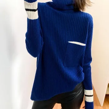 Pravi pat visok ovratnik naleteli barve pulover ženske 2021 jeseni, pozimi svoboden dnu oddaljena zgornje oblačilo languid leni modra jopica f