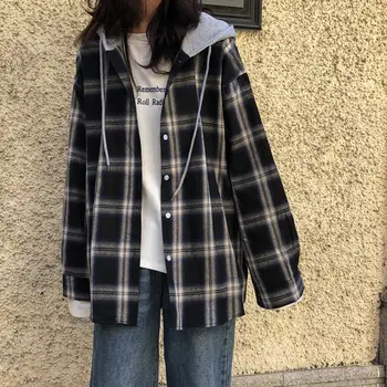 HOUZHOU Harajuku Vintage Osnovne Kariran Rokavi Ženske korejskem Slogu Oversize Long Sleeve Hooded Mozaik Priložnostne Bluzo Ženski Ulzzang