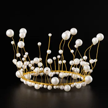 Pearl Crown Princess Cake Pokrivalo Sijoče Umetni Biseri Headdress Poroka&Posla Torto Decora Rojstni Dan Pokrivalo Ročno