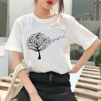 Poletje novo Zabavno Glasbo drevo simbol T-shirt natisnjeni elegantna Harajuku Vratu Priložnostne retro vrhu ženska moda in ženske T-shirt