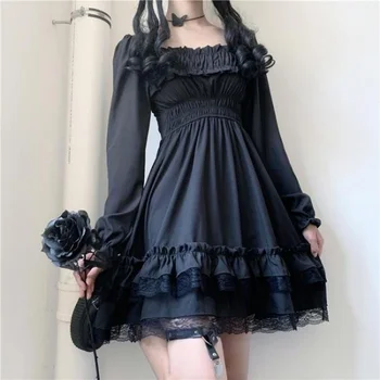 Japonski Lolita Slog Oblačenja Žensk Gothic Črna Mini Obleka Visoko Pasu Princesa Obleke Puff Rokav Čipke Stranka Haljo Femme Fernan